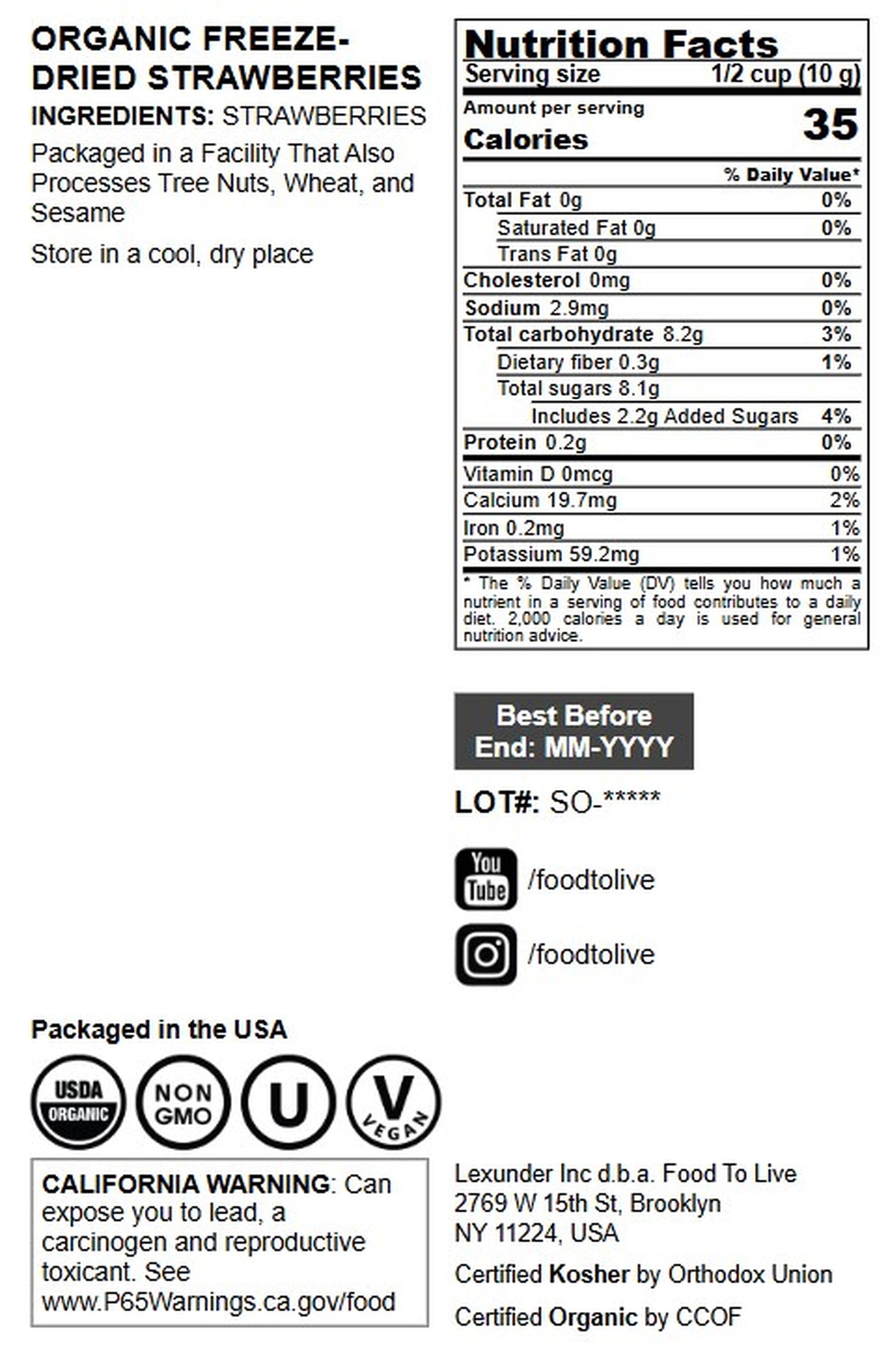 Organic Freeze-Dried Strawberries, 8 Ounces - Non-GMO, Kosher, Bulk - by Food to Live
