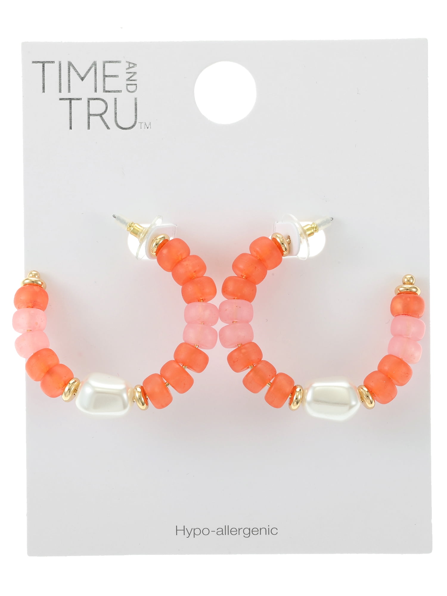 Time and Tru Beaded Hoop Earring, Pink, Coral and Simulated Pearl, 1 Pair