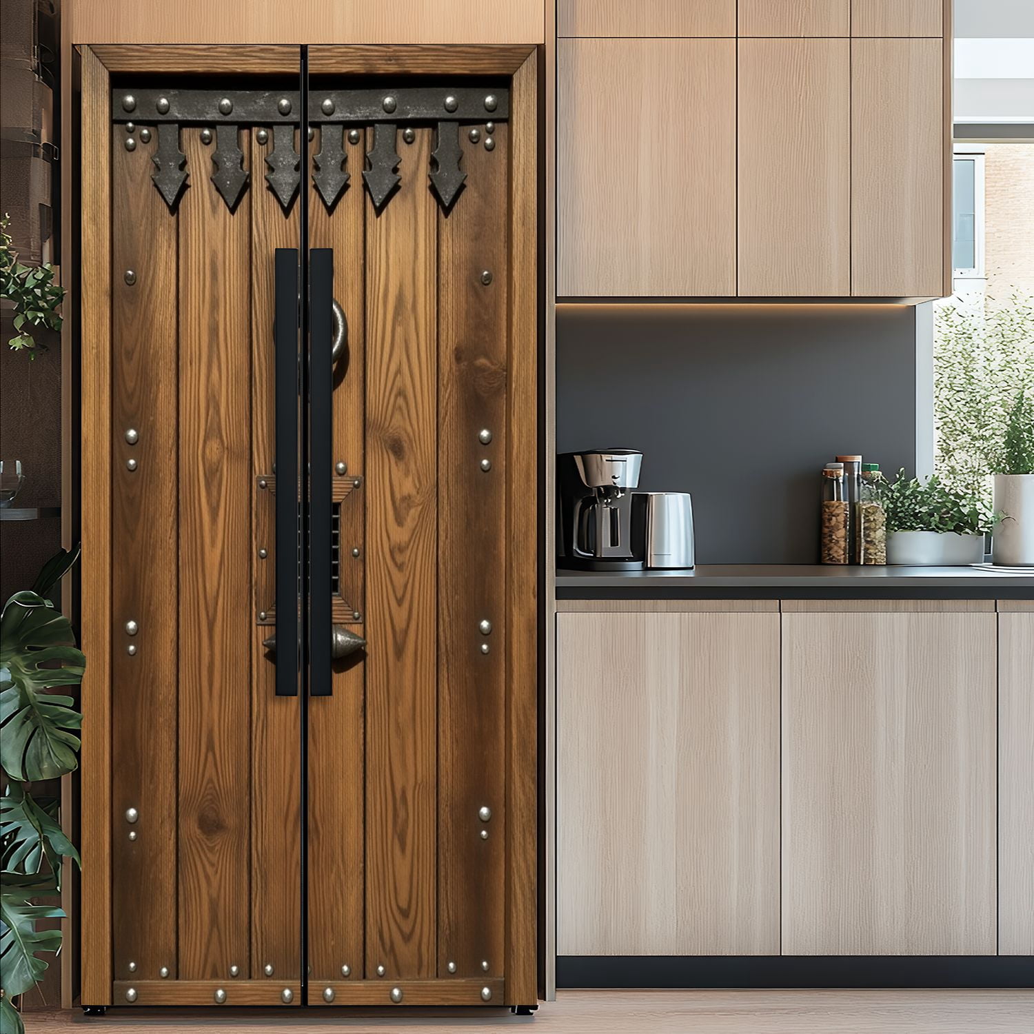 Self Adhesive Vinyl Refrigerator Wrap Set Rustic Medieval Wooden Doors Iron Accents Knocker Door Mural Removable Fridge Sticker Peel and Stick&nbsp;Full Door Cover Decal Kitchen Bar Decor