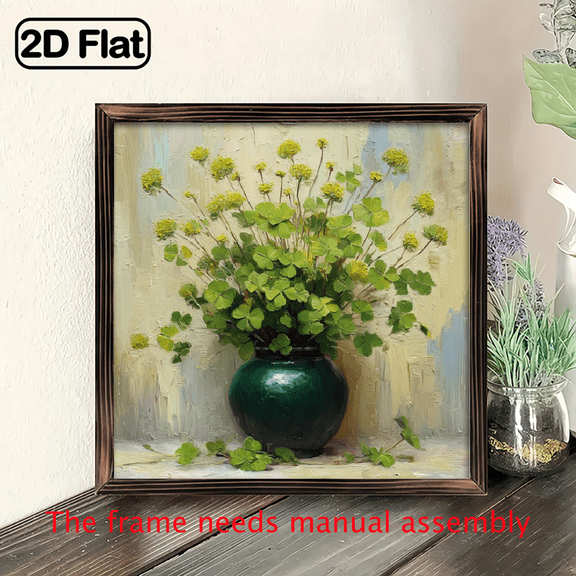 2D Flat - 1pc Wooden Sign Art, 8X8 Inches, Featuring a Green Clover Vase Painting This Nature-Inspired Decorative Picture Is Perfect for Enhancing The Decor of Your Living Room, Bedroom, Kitchen