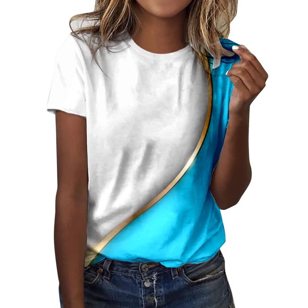 Gibobby Playera de Manga Corta Casual Suave Camiseta manga corta con cuello redondo informal verano para mujer, camiseta con estampado bloque Color sólido degr(Azul celeste,G)