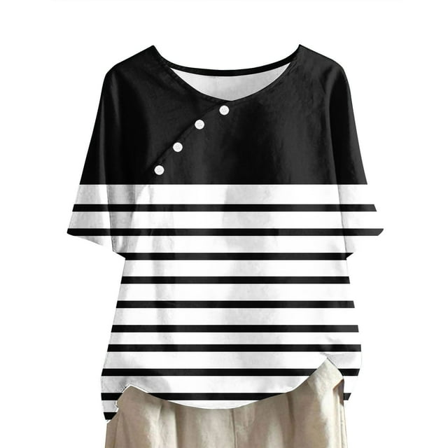 ameIAEA Women Short Sleeve Striped Shirts Round Neck Loose Tunic Tops Summer Button Blouses