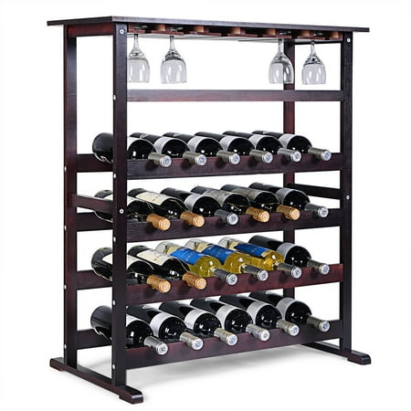- Costway 24 Bottle Wood Wine Rack Holder Storage Shelf Display w/ Glass Hanger