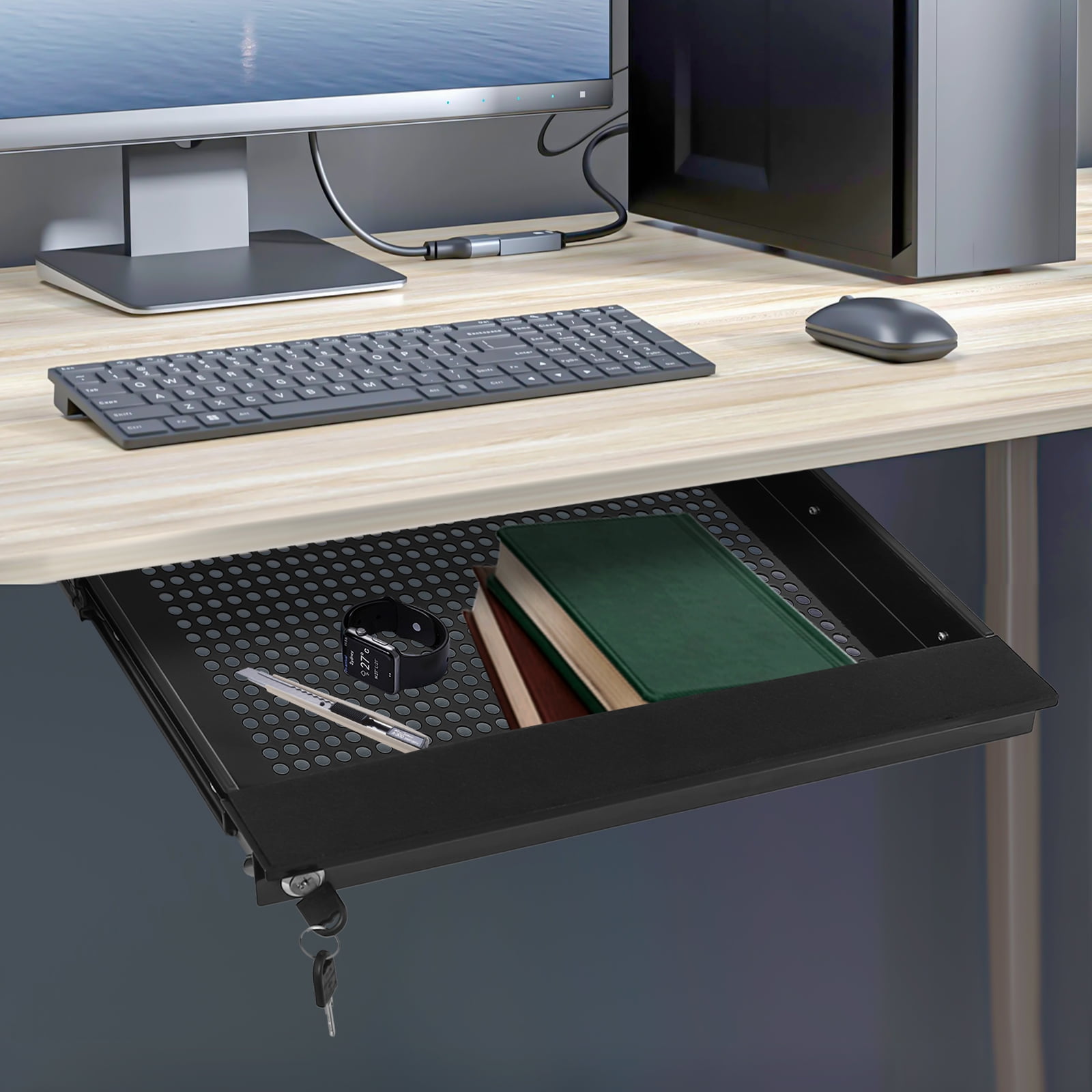 Wildnix Under Desk Mounted Pull-Out Drawer, Sturdy Iron Construction, Anti-Corrosion, Non-Toxic, Rust-Resistant, Organize Mouse, Charger, and Sticky Notes, Space-Saving Design