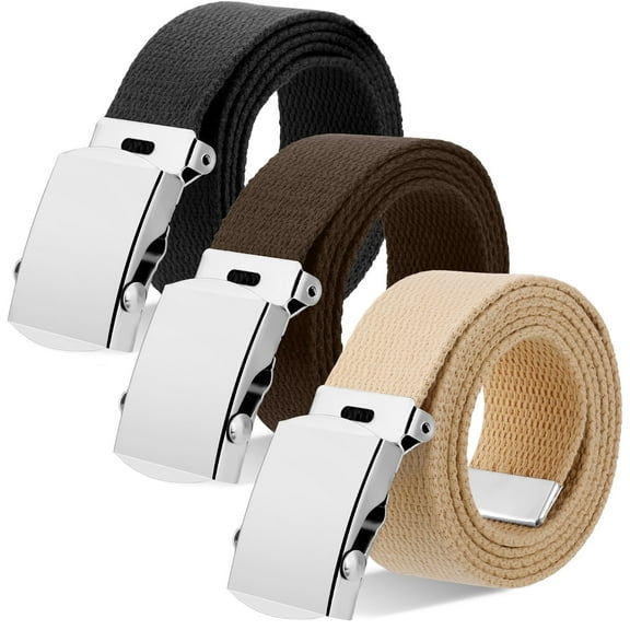 Bocaoying 3 Pack Canvas Web Belts for Men, Heavy Adjustable No-Hole Belts with Iron Buckle, Size 32-38, Khaki/Coffee/Black, Cut-to-Fit Design for Outdoor, Work, Casual Wear