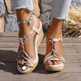 thumbnail image 2 of Rokment Boho Beach Platform Dress Sandals for Women with Flower Wedges Ethnic Breathable Linen Sole Glitter Gemstones Open Toe Stretchy Ankle Strap Chunky High Heels Summer Shoes Beige Size 6.5, 2 of 6