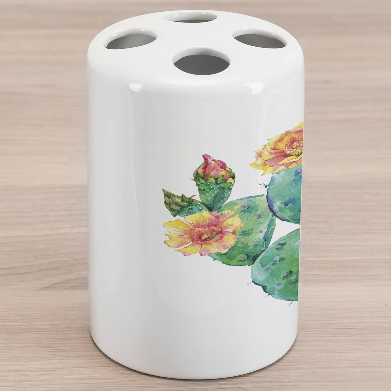 Natural Color Ceramic Toothbrush Holder, Watercolor Art Painting of an Exotic Cactus Plant with Flowers Bloom, Decorative Versatile Countertop for Bathroom, 4.5' X 2.7', Multicolor