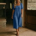 thumbnail image 4 of fheaev Women's Square Neck Short Sleeve Fit Flare Midi Dress with Pockets Solid for Everyday Navy L, 4 of 9