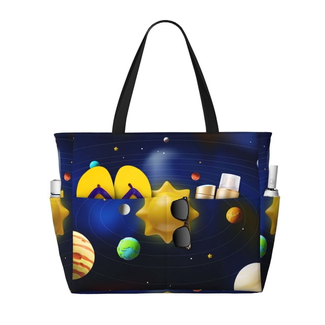 Saiise Solar System Print Large Capacity Beach Travel Bag Waterproof Durable Multi-Pocket Lightweight & Foldable for Travel