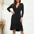 thumbnail image 3 of Ohufall Womens Deep V-Neck Dresses Long Sleeve Tummy Control Tie Dresses Flowy Ruffled Hem Solid Dress, 3 of 8