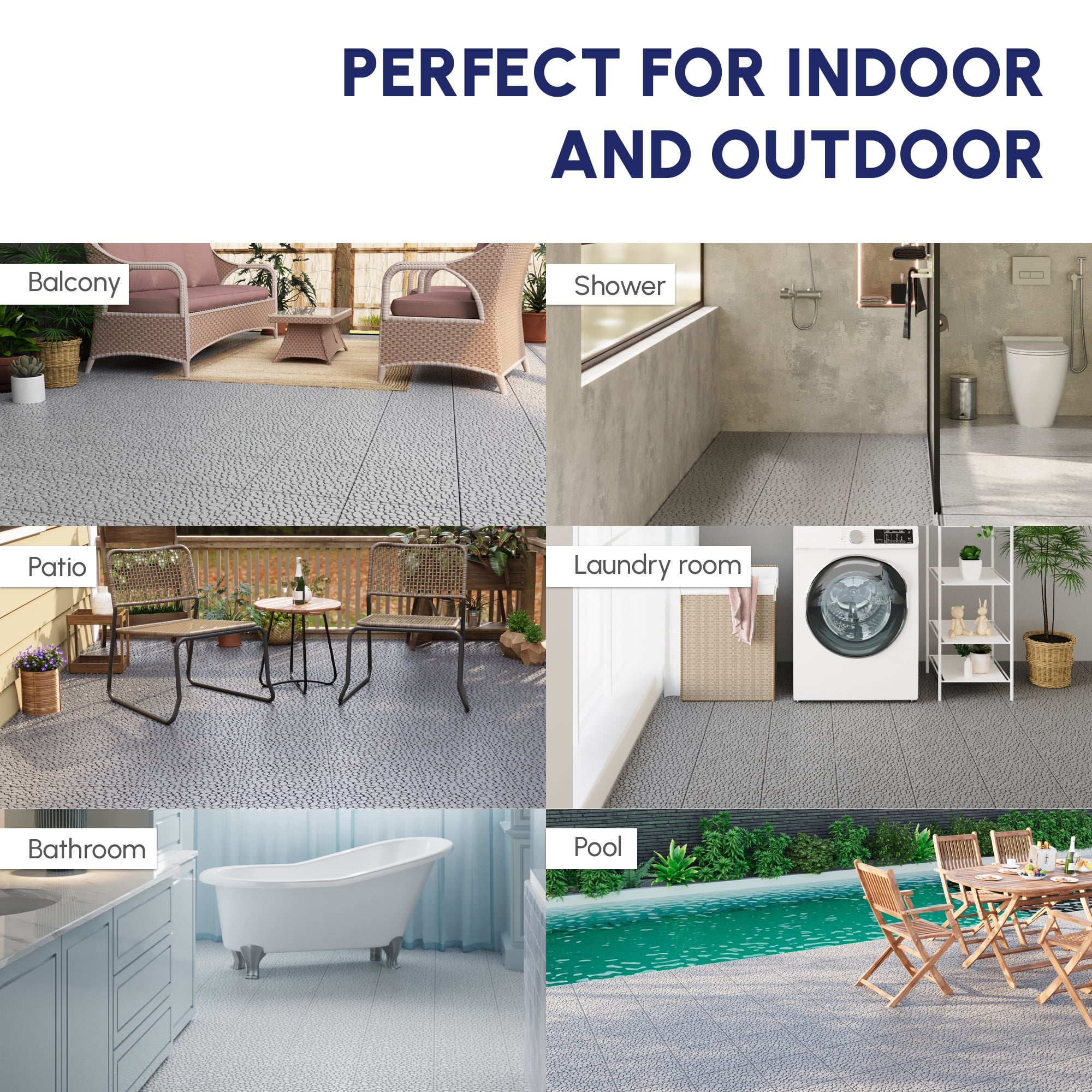 12-Pack Waterproof Interlocking Deck Tiles,12"x12" Outdoor All Weather Anti-slip Plastic Floor Decking Tiles for Garden Lawn Bathroom Shower Balcony Porch,Pebble Stone Pattern,Gray