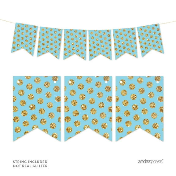 Baby Blue Pennant Party Banner Gold Glitter Polka Dots