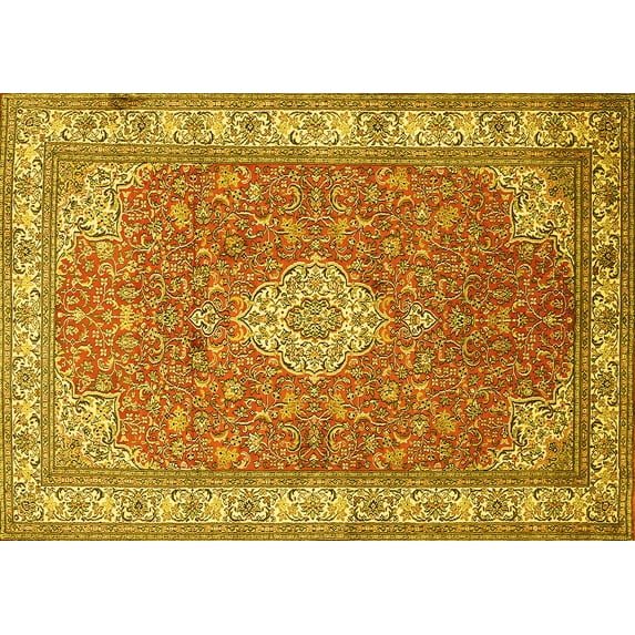 Ahgly Company Machine Washable Indoor Rectangle Medallion Yellow Traditional Area Rugs, 8' x 10'