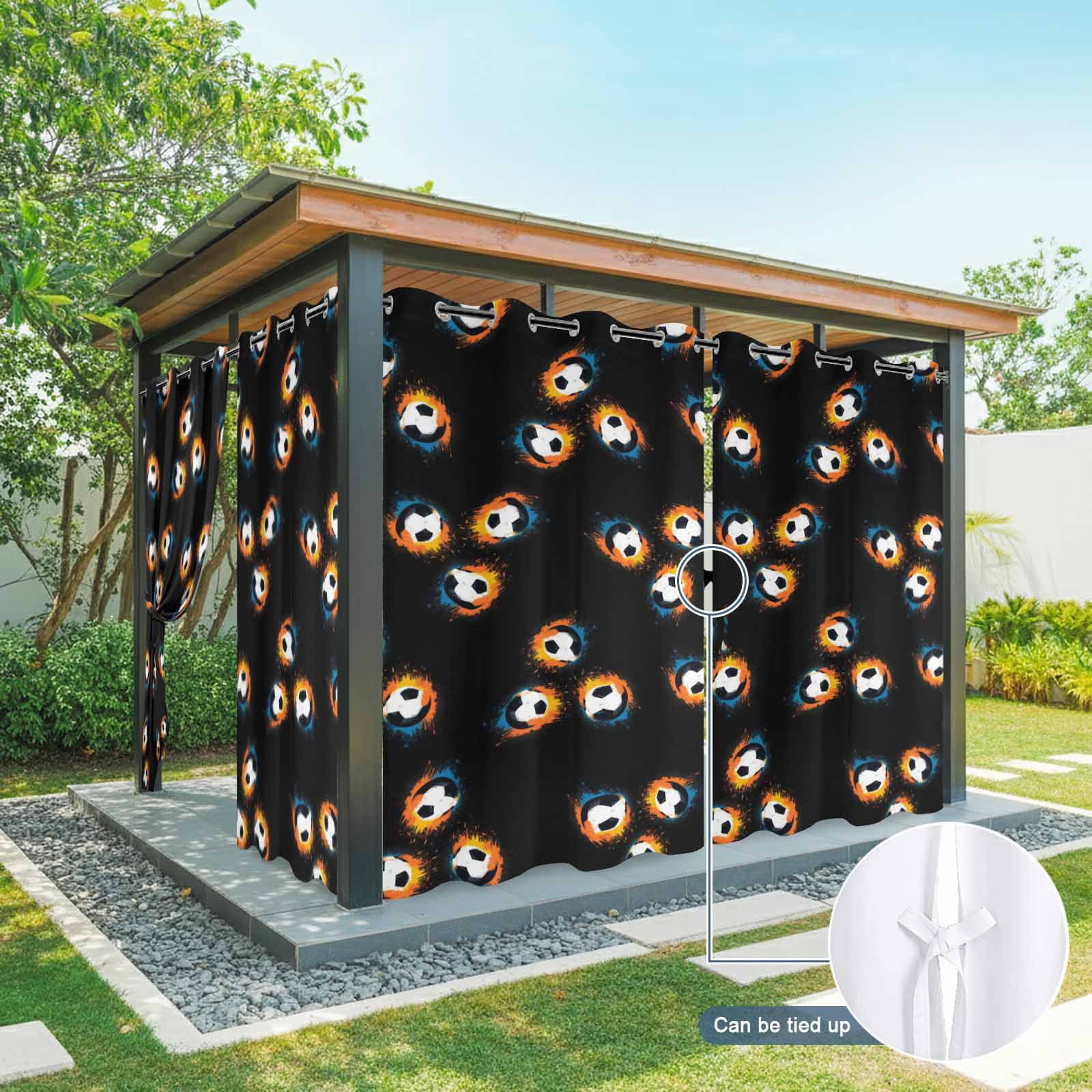 Soccer Ball Outdoor Curtains for Patio, Sports Athletic Fiery Trails Soccer Brown Background Sunshade Privacy Drapes Grommet Waterproof Outside Curtains for Porch/Cabana/Balcony 54"x 108", 1 Panel
