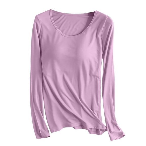 Ympuoqn Sales Womens Long Sleeve T Shirts with Built in Bra Casual Solid Color Modal Crewneck Pajama Yoga Top Padded Wirefree Soft Comfortable Underwear Lounge Tee Plus Size #01_Purple,3X-Large