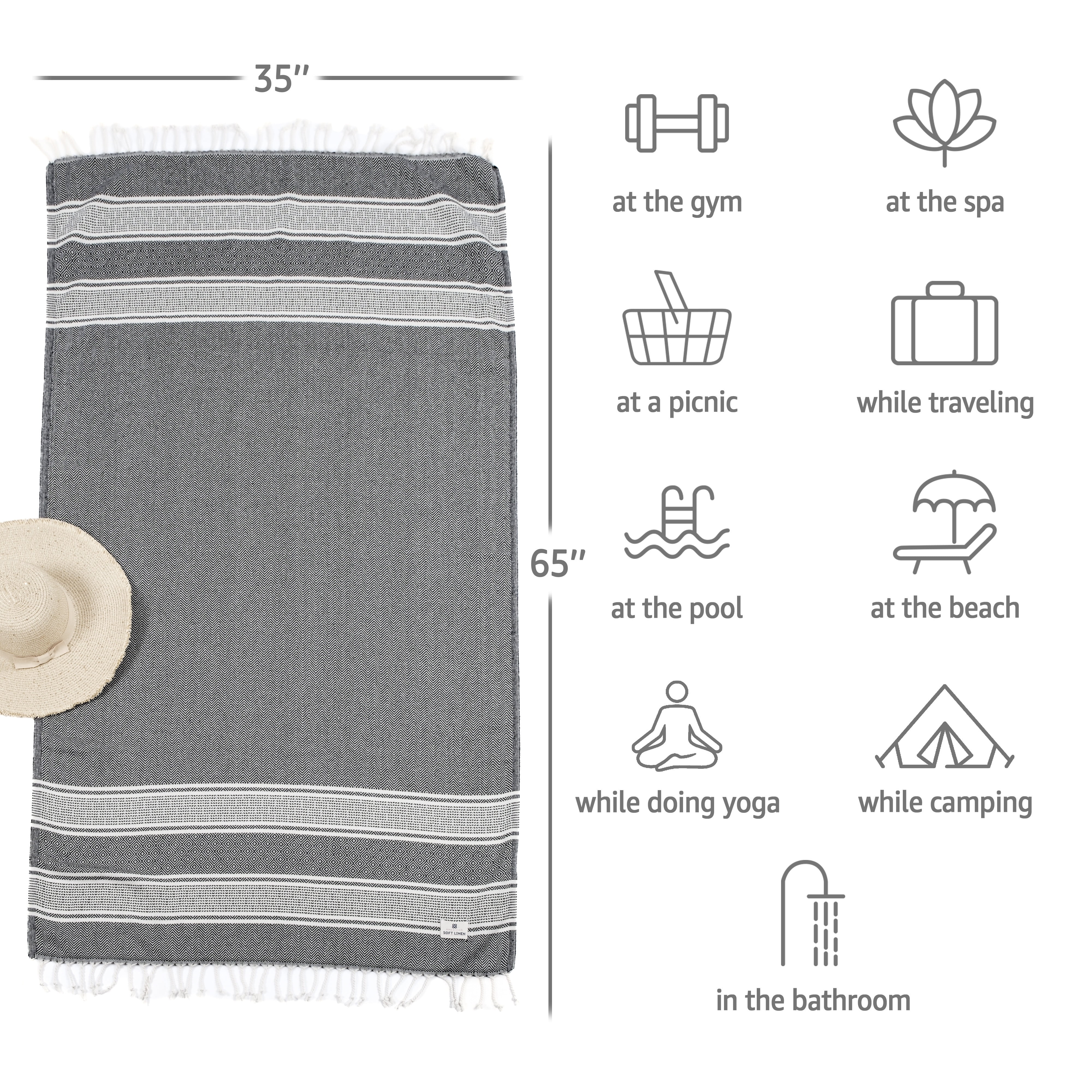 American Soft Linen Turkish Peshtemal Beach Towels, 35" x 65" size 4 Pack Swim Towels for Beach and Pool Towels, Black Stripe