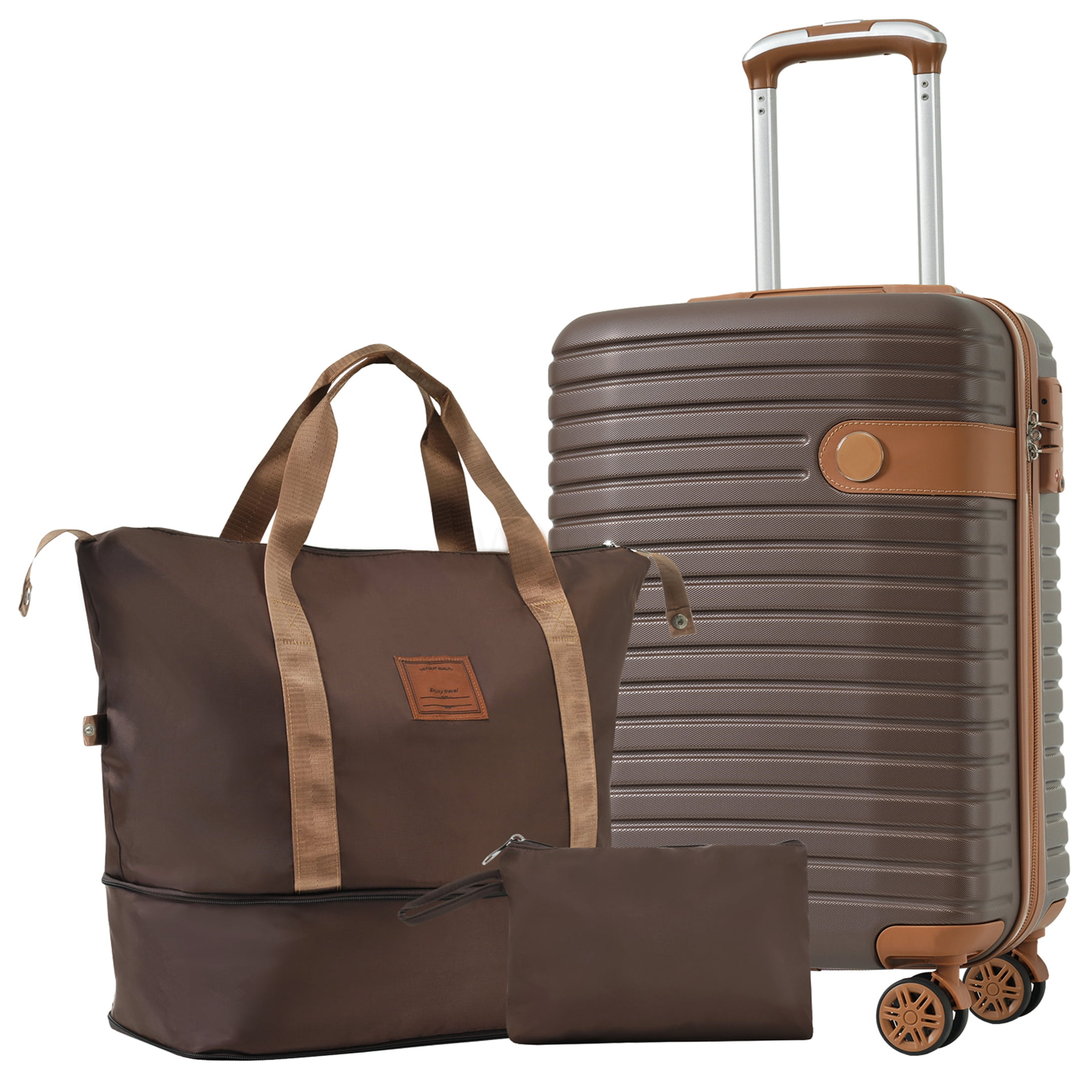 3-Piece Brown ABS Hardshell Luggage Set with Spinner Wheels, TSA Lock & Weekender Bag