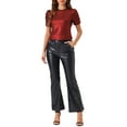 thumbnail image 2 of Camiseta casual de mujer con brillo, cuello redondo, mangas abullonadas y diseño retorcido, talla XL, color rojo oscuro, 2 of 6