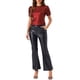 thumbnail image 2 of Camiseta casual de mujer con brillo, cuello redondo, mangas abullonadas y ajuste elástico en color rojo oscuro, 2 of 6