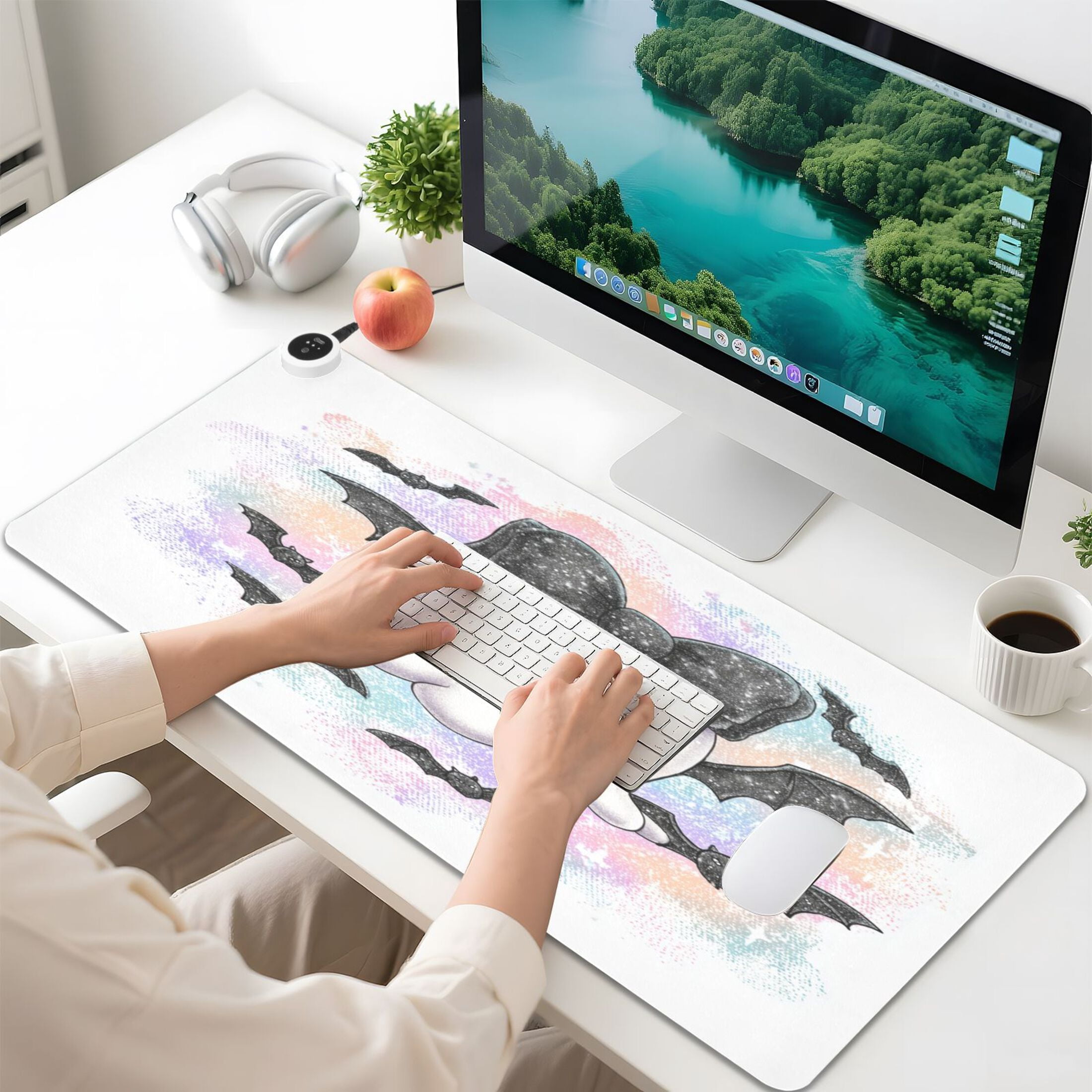 Large Heated Desk Mat Mouse Pad 31.5"x13"PU Leather Graphene Heating Desk Warmer with 3 Temperature Settings 110V US Plug Non-Slip Warm Pad for Home, Office, and Gaming Cute Black Bat Ghost