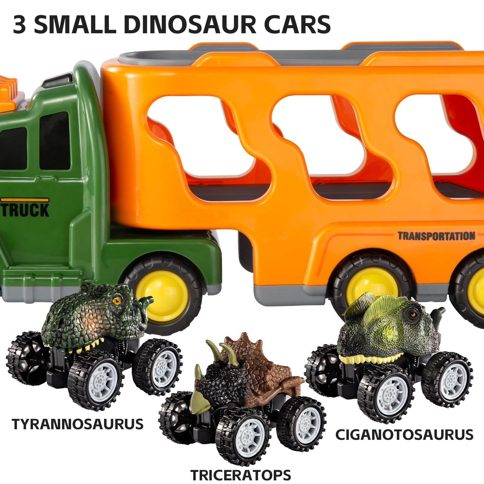 Dinosaur Truck Toy for Toddlers, Transport Carrier Dino Play Set with 3 Dinosaur Figures and 3 Cars, Lights and Music, Gift for Boys Girls Ages 3-5