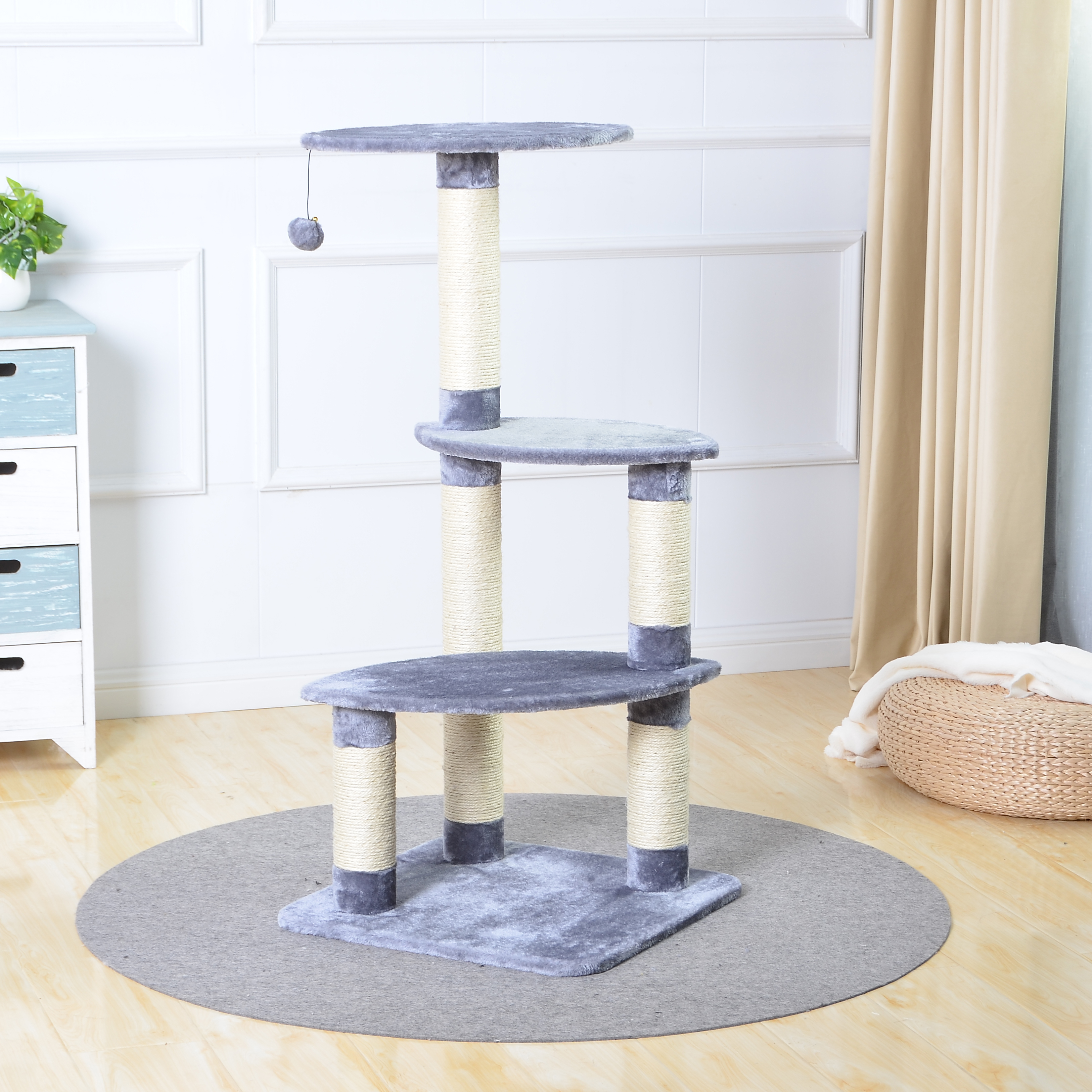 Two by Two Cat Scratching Pads Plush Grey Cat Tower with 3 Sisal Scratching Columns