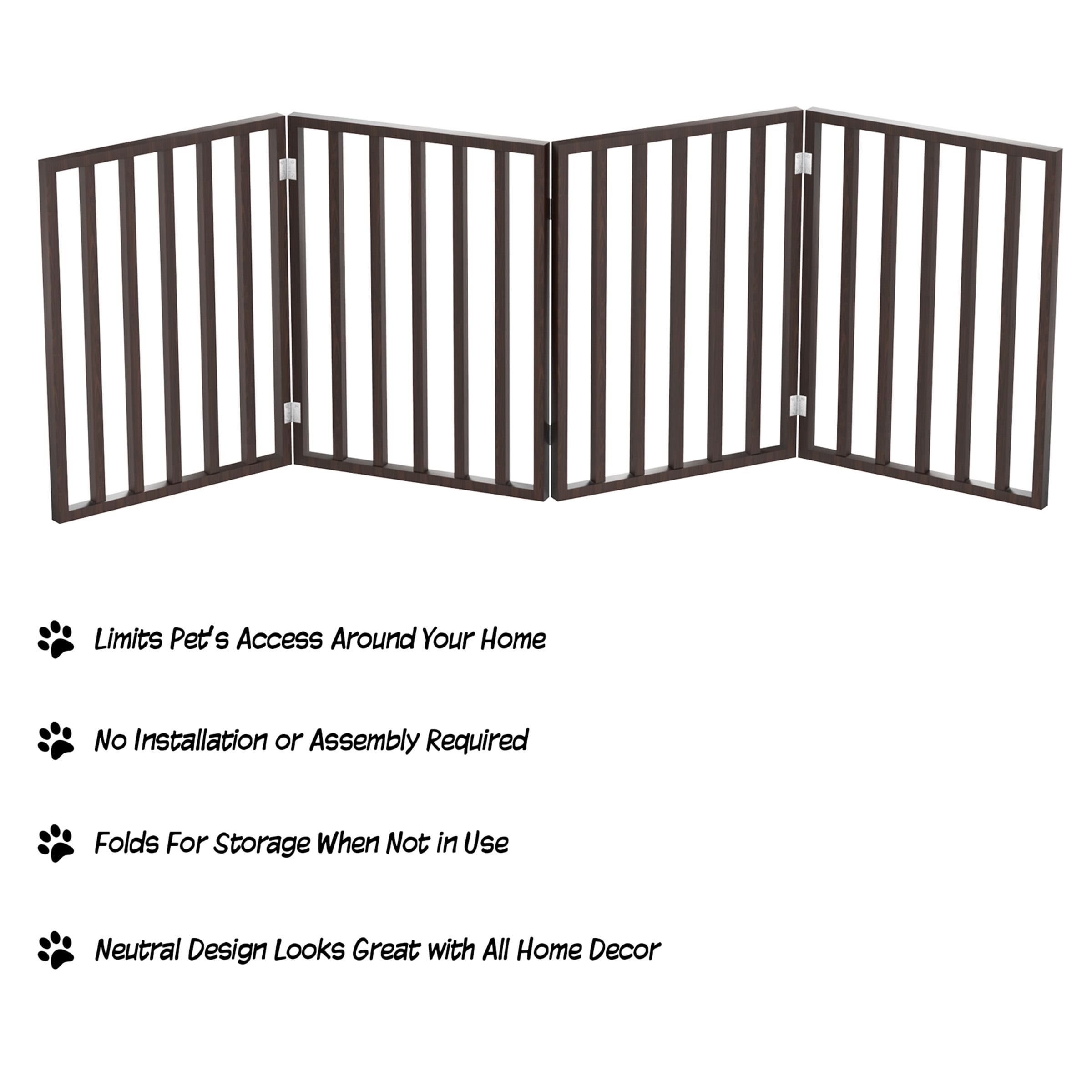 Pet Gate - 4-Panel 72x24 inch Indoor Foldable Wooden Dog & Cat Gate, Freestanding Accordion Safety Fence for Stairs, Hallways & Doorways, No Tools Required, Pet Barrier by PETMAKER (Brown)