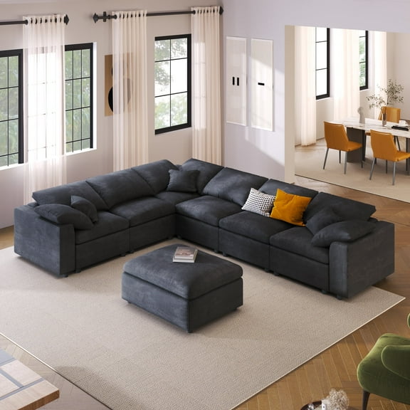 GNIXUU Modular Sectional Sofa Set for Living Room,Oversized 7 Seater Corner Couch with Removable Ottoman,Modern L Shaped Convertible Sleeper with Chaises for Office,Spacious Space,Gray