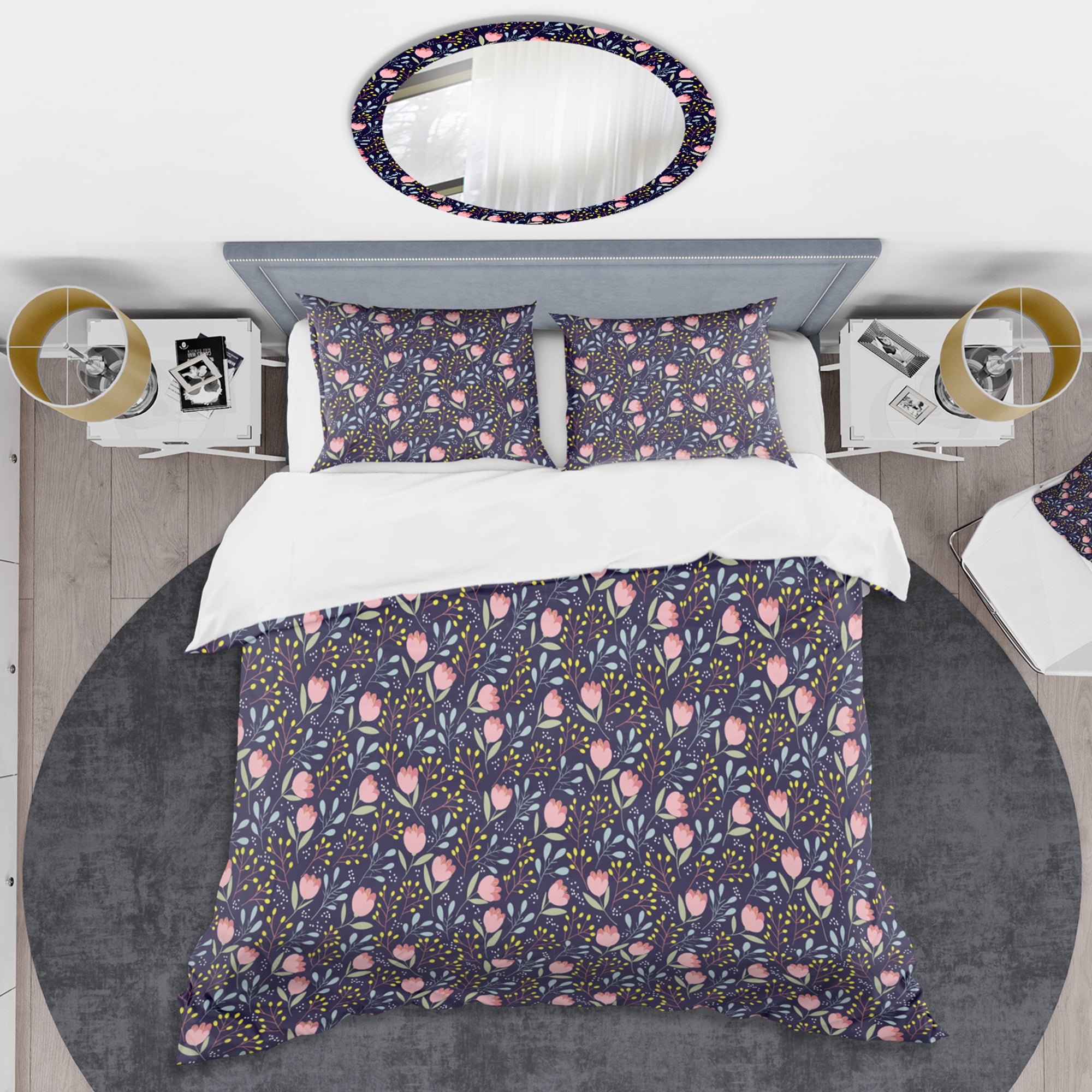 Designart 'Handdrawn Pink Flowers ' Mid-Century Modern Duvet Cover Set