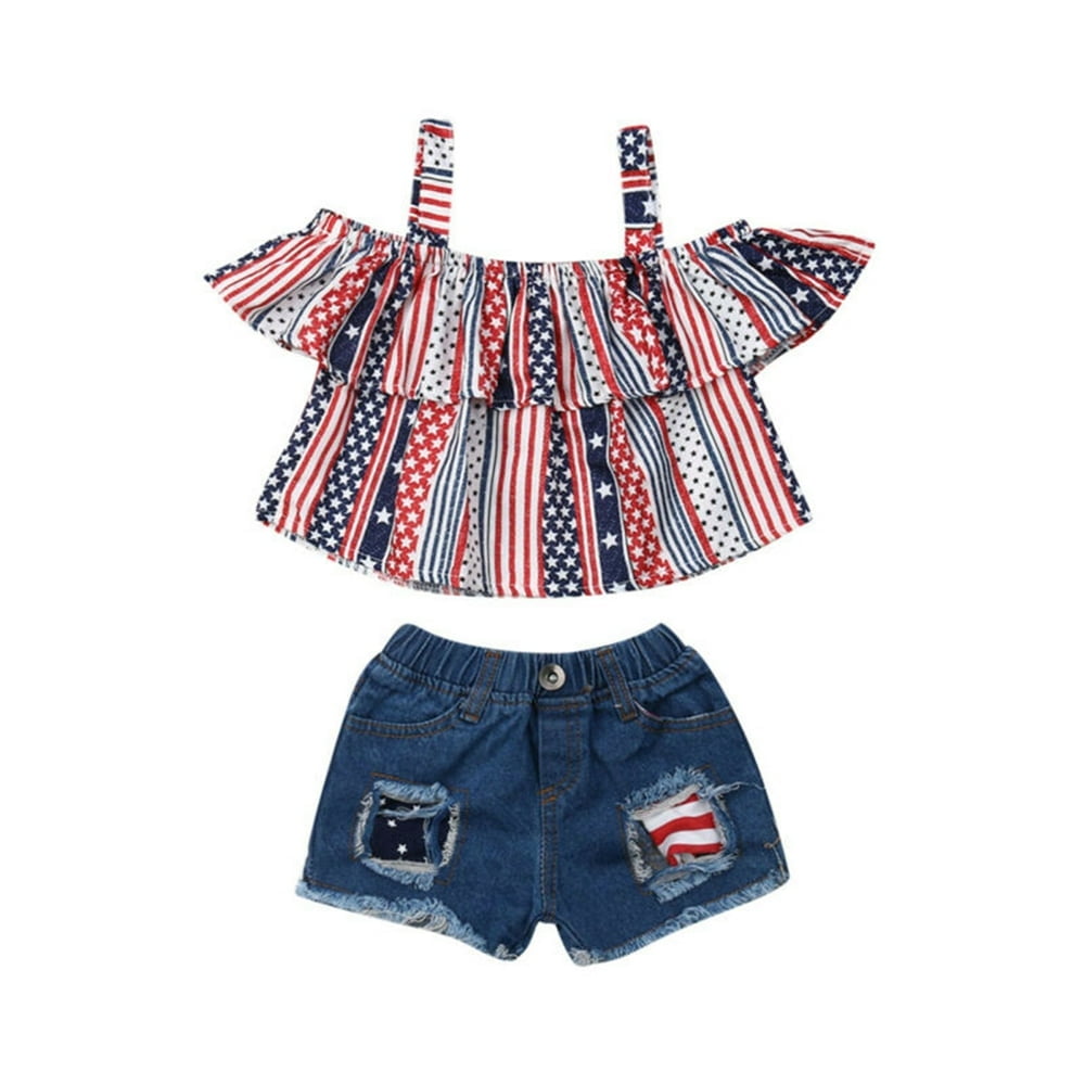 Kids Toddler Baby Girl 4th of July Outfits Halter Short Sleeve Shirts Crop Top Denim Shorts Pants Set American Flag Clothes Set 5 6 Years Walmart