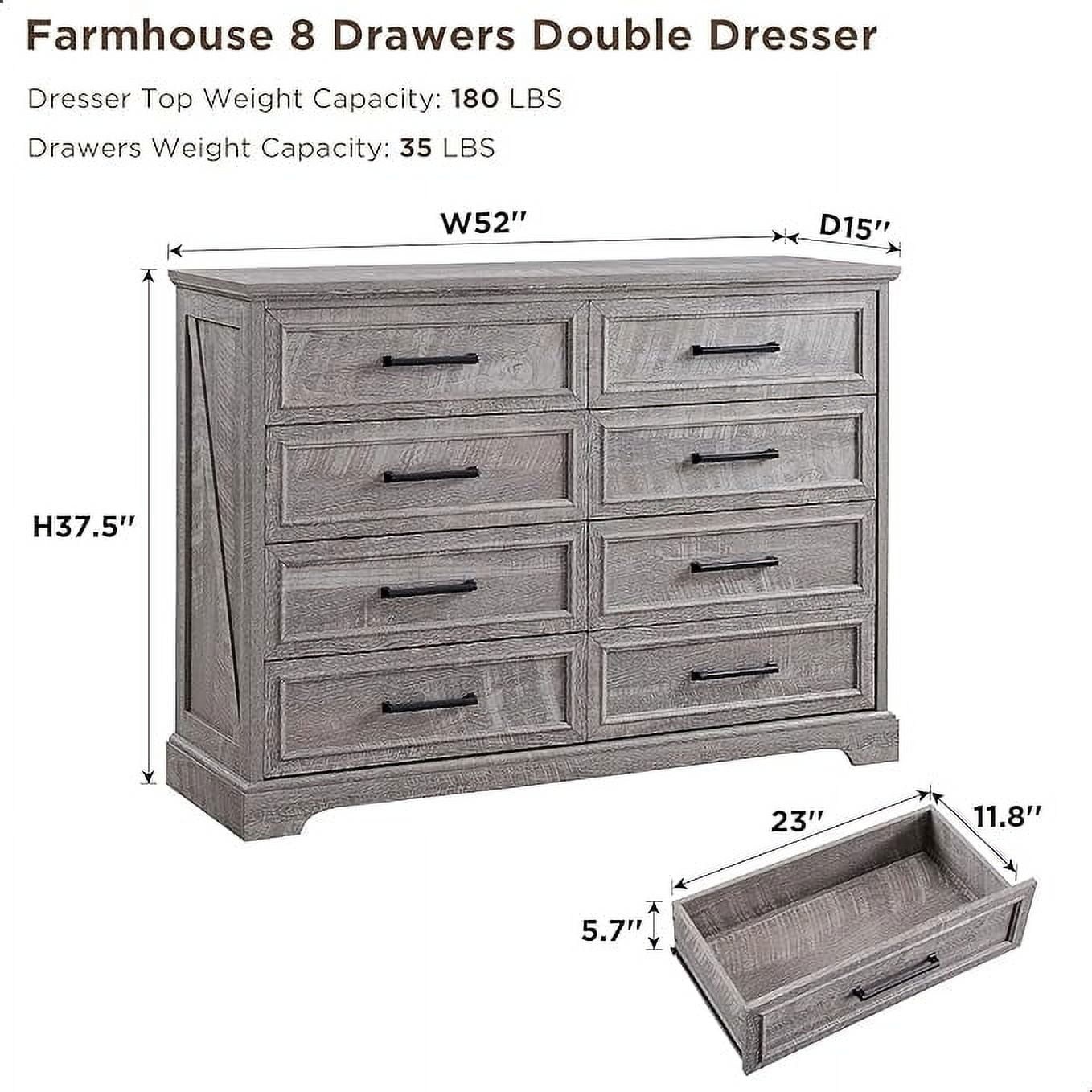ACCOHOHO 8 Drawer Dressers Chests for Bedroom,52"Wide Rustic Wood Chest of Drawers，Grey