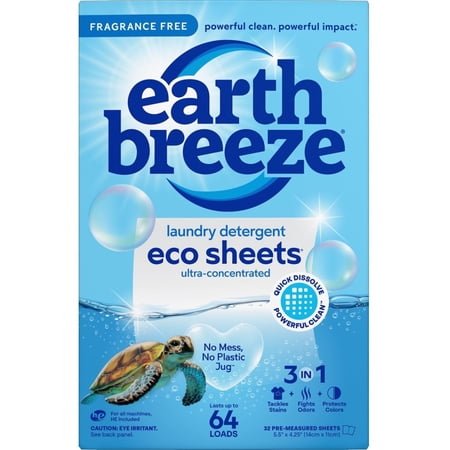 Earth Breeze Laundry Detergent Sheets  Fragrance-Free Eco Sheets  32 Count  64 Loads
