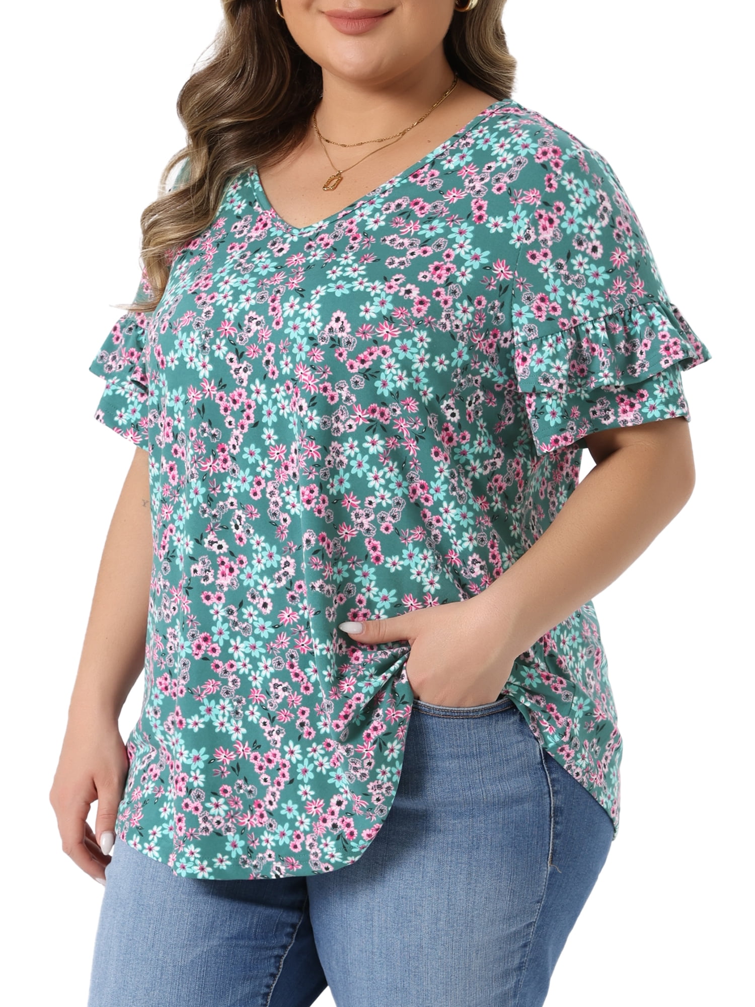 Women's Plus Summer Tops V Neck Ruffle Sleeve Floral Casual Blouses 2X Green
