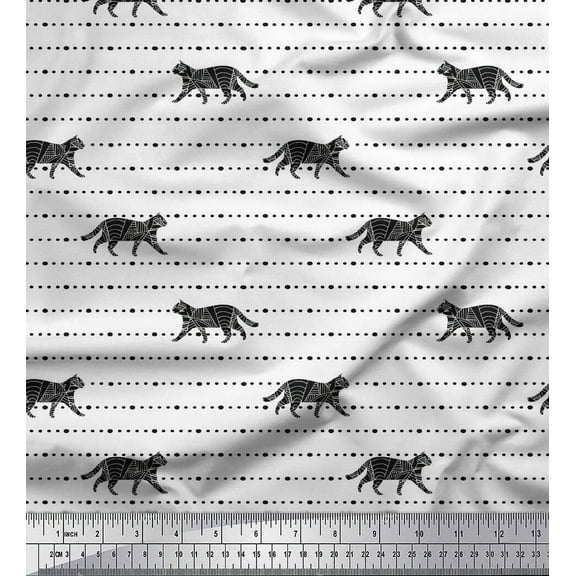 Soimoi Black Cotton Duck Fabric Dot & Cat Animal Decor Fabric Printed Yard 42 Inch Wide