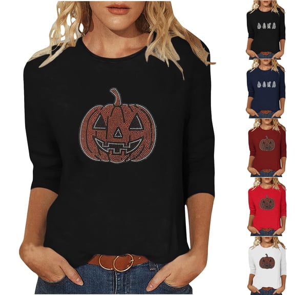 Frostluinai Rhinestone Tops for Women Spooky Season Crew Neck 3/4 Sleeve Casual T Shirts Bling Halloween Pumpkin Graphic Tees S-5XL