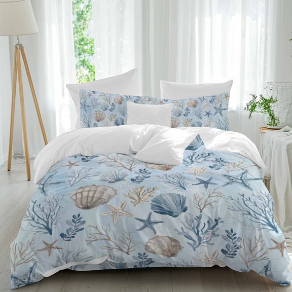 Blue Gradient Coastal 4 Piece Duvet Cover Set Twin Size Summer Coral Starfish Shell Nautical Soft Bedding Set Comforter Cover, 1 Duvet Cover 1 Flat Sheets and 2 Pillowcases