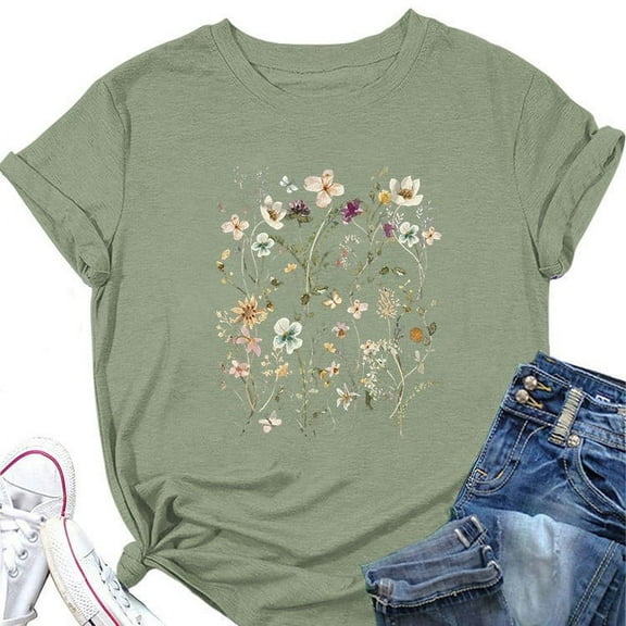 Summer Tops for Women Floral Print Short Sleeved Round Neck Pullover T-Shirts Trendy Stretch Classic Fit Casual Workout Tees