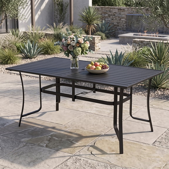 Melocadol 6-Person Rectangular Metal Patio Dining Table with Built-In Umbrella Hole, Heavy-Duty All-Weather Rustproof Outdoor Table for Backyard, Lawn & Porch, Black