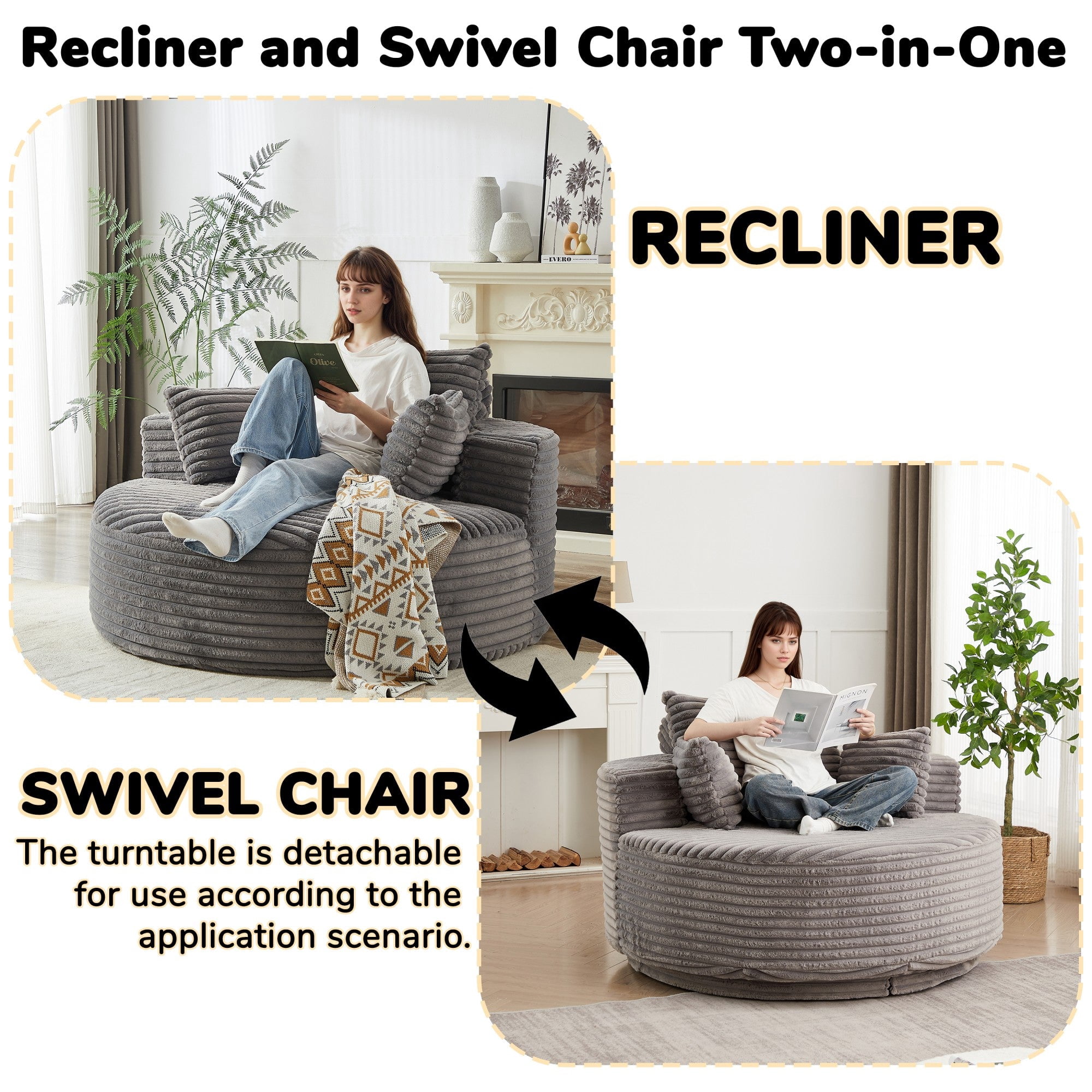 Sailvan 55" Corduroy Fabric Swivel Chair, Modern Round Sleeper Sofa with 360 Degree Rotation, Fluffy Foam Lounge Chair for Living Room Grey