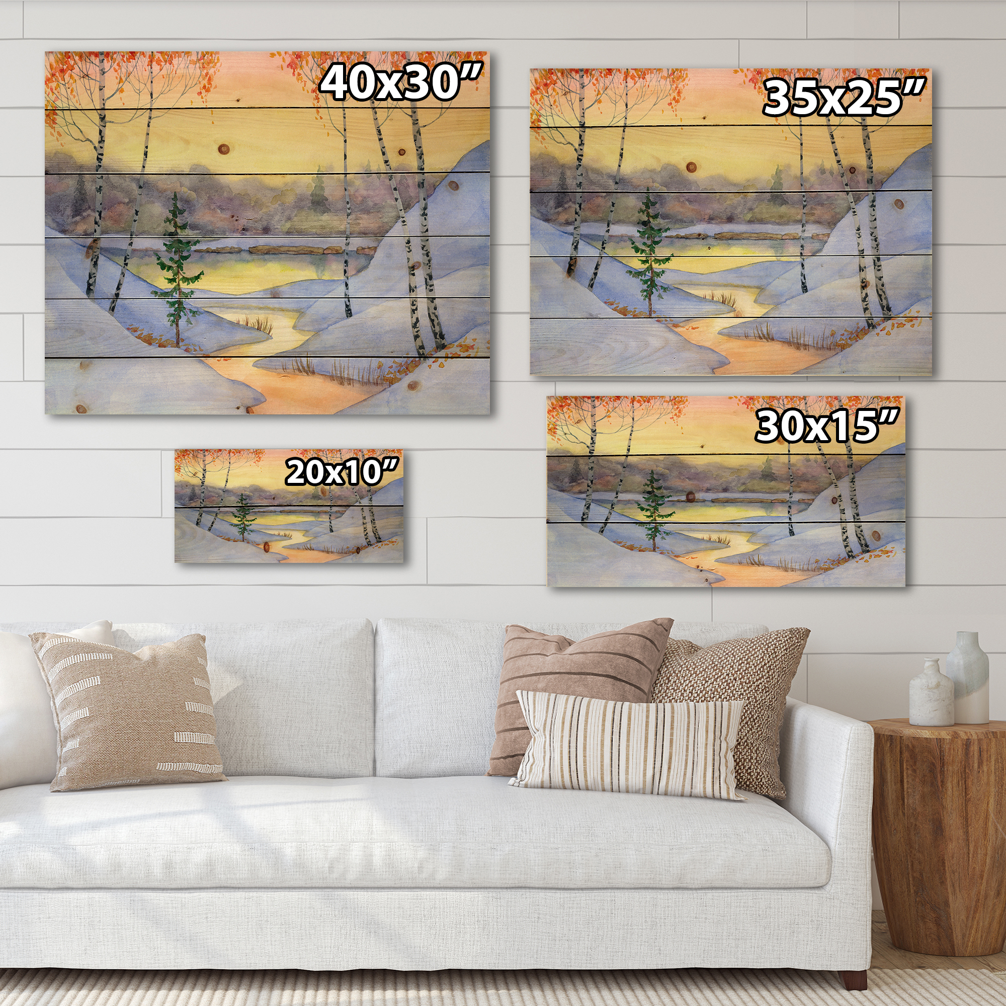 Designart 'Stream Through The Winter Forest II' Lake House Print on Natural Pine Wood