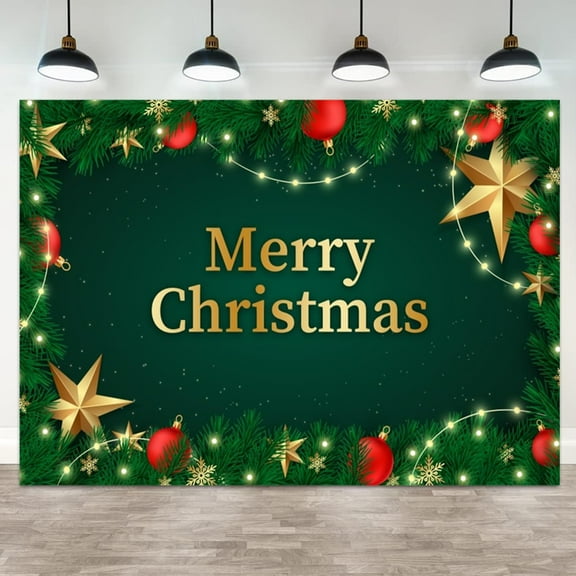 Christmas Backdrop Merry Christmas Green Photography Background with Red Baubles Gold Stars Snowflakes Pine Branches Winter Xmas Holiday Banner Festive Decorations Banner Photo Booth Props