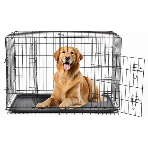COCOKUN 42-Inch Large Dog Crate with Divider, Double Door Folding Metal Wire Cage with Leak-Proof Plastic Tray, Portable Pet Kennel for Indoor, Outdoor, and Travel,Double Door,42 Inch