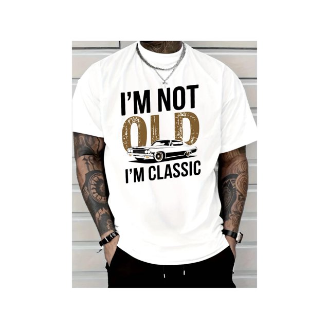 Men's "I'm Not Old, I Am Classic" Pattern T-shirt- Soft Cotton, Casual Crew Neck, Short Sleeve, Vintage Car Print-Durable and Breathable, Suitable for Casual Wear