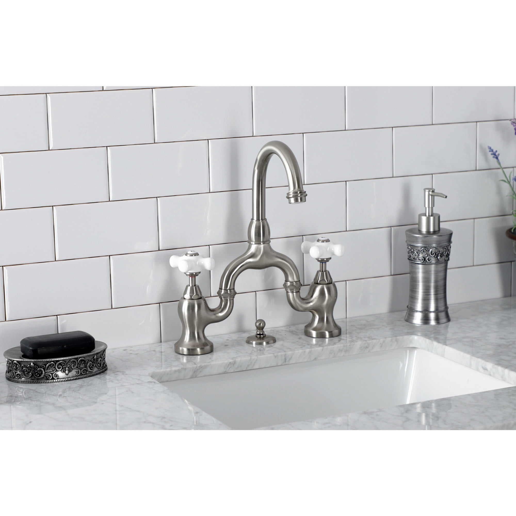 Kingston Brass KS7998PX English Country Bridge Bathroom Faucet with Brass Pop-up, Brushed Nickel