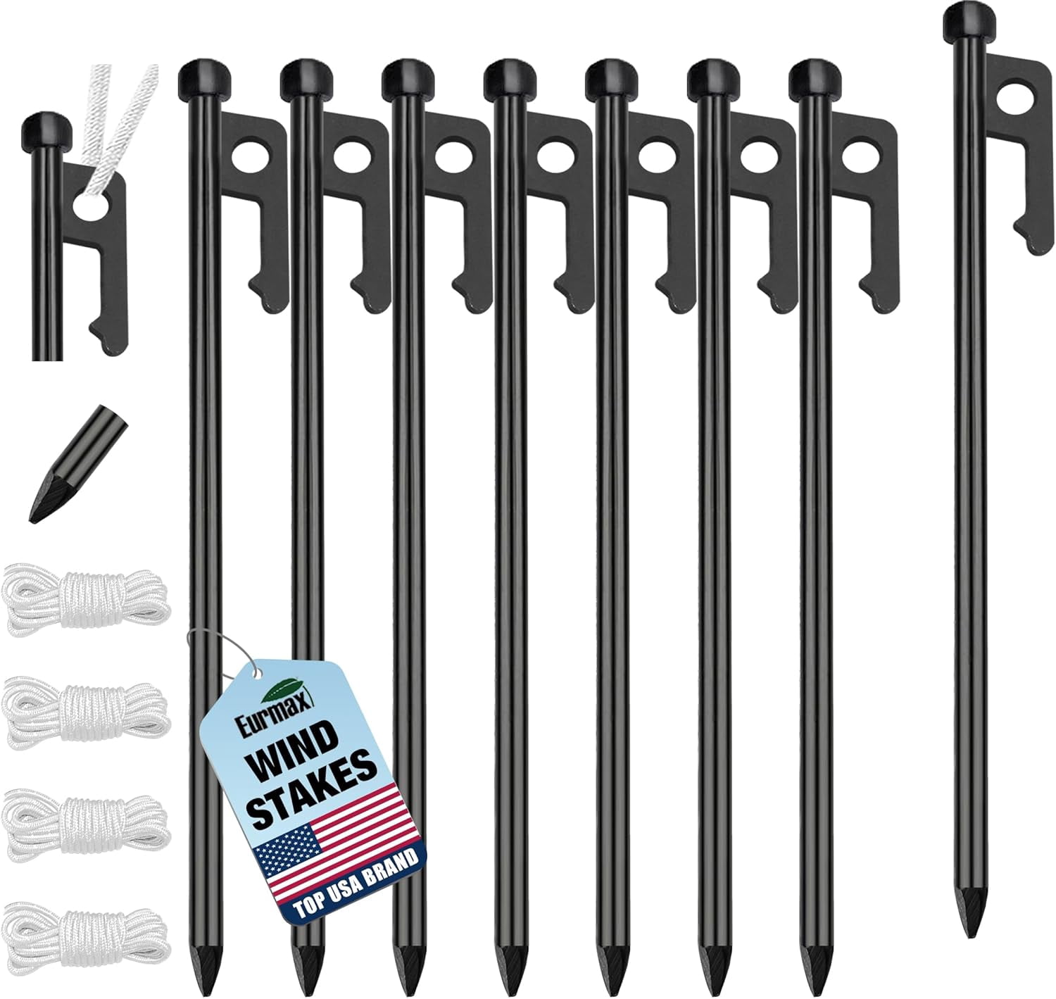 RGHJAR-USA 8-Pack Secure Protection Galvanized Tent Stakes,Rust-Proof Steel Canopy Anchors for High Winds,Heavy Duty Commercial Ground Pegs for Camping,Pop Up Tent&Gazebo - Includes 4x10ft Ropes,Blac