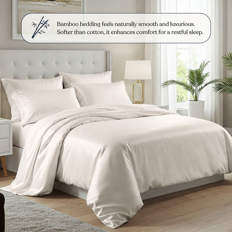 Delara 100% Bamboo Viscose Queen Duvet Cover Set – Ultra-Soft, Cooling & Breathable Luxury Bedding with Pillow Shams, Ivory