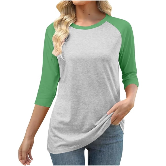 BSDJILFG 3/4 Sleeve Pajama Tops for Women Casual Crewneck Raglan Tees Color Blocked Sleepwear T-Shirts