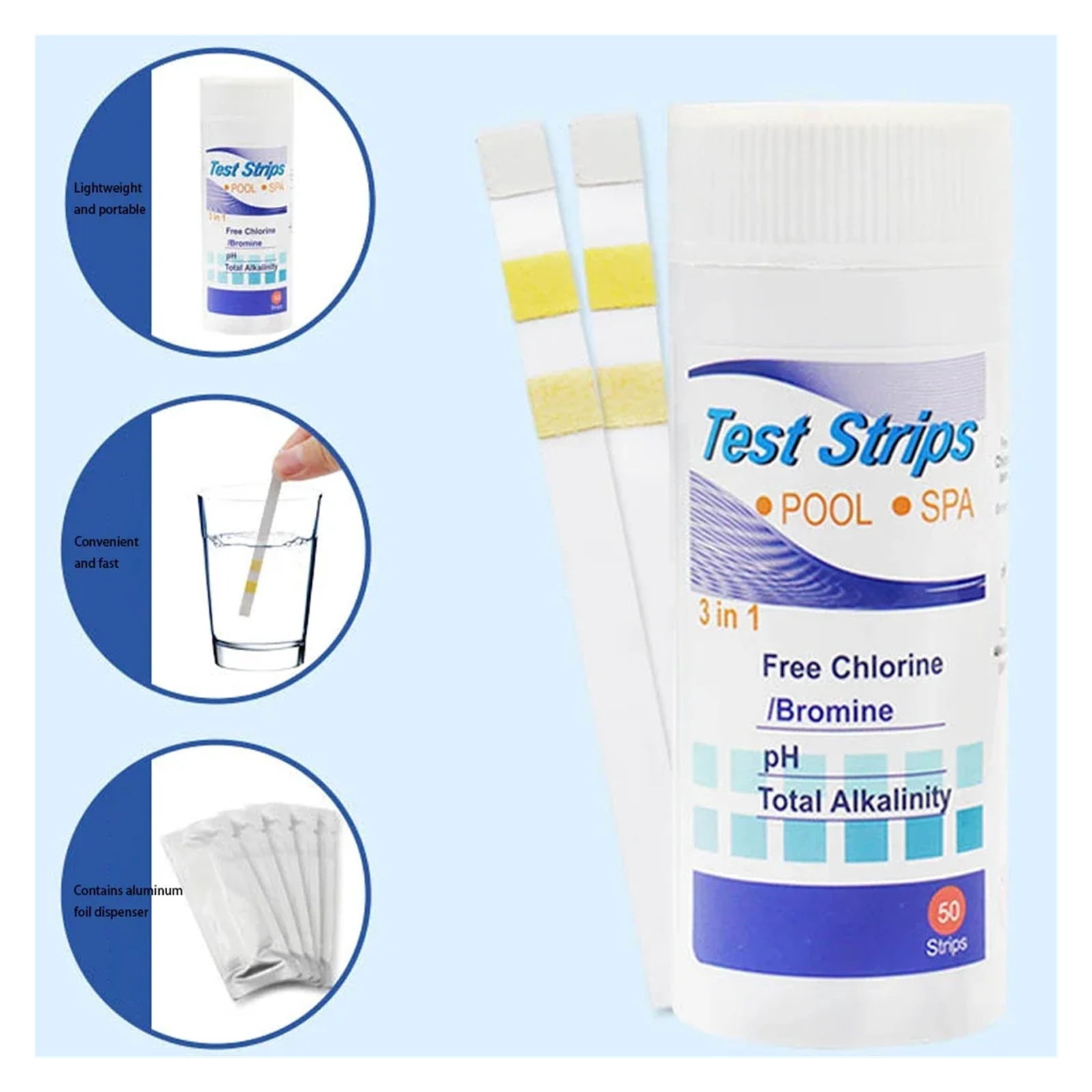 50pcs Chlorine/PH/Bromine Test Strips 3 In 1 Swimming Pool PH Test Paper Multipurpose Swimming Pool Water Tester Paper
