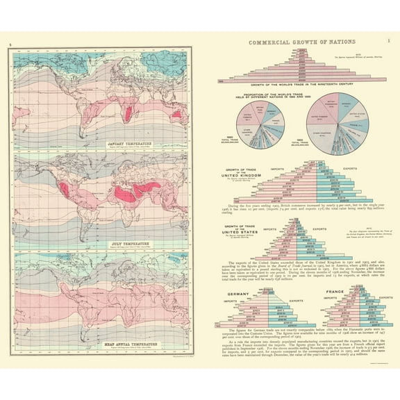 Historic Map - Global Commercial Growth Temperatures - Bartholomew 1907 - Vintage Wall Art