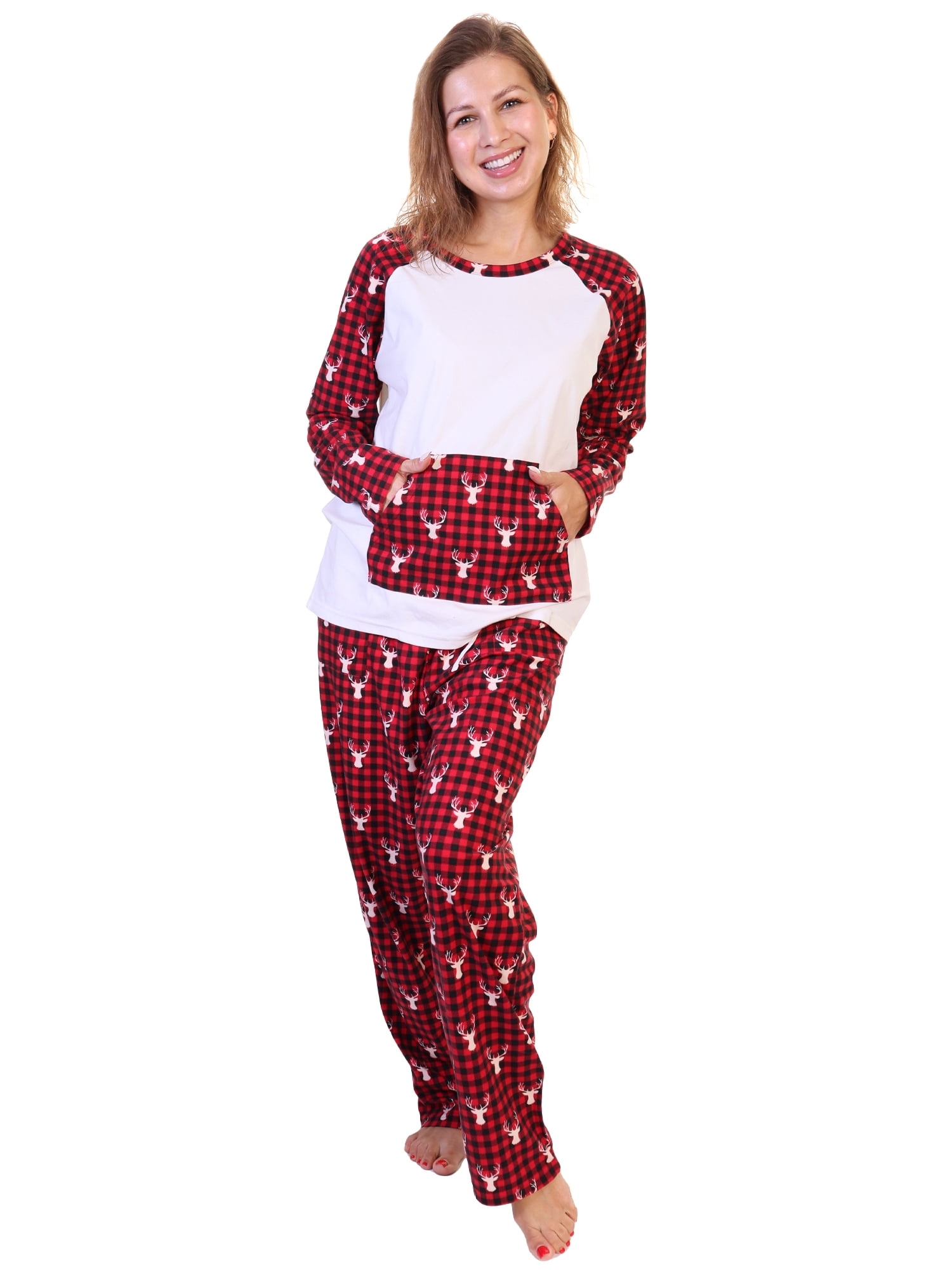 Family Matching Flannel Pajama in Raglan T-Shirt Top with Kangaroo Pocket Lumberjack Women's Top-and-Bottom Set in White | Medium